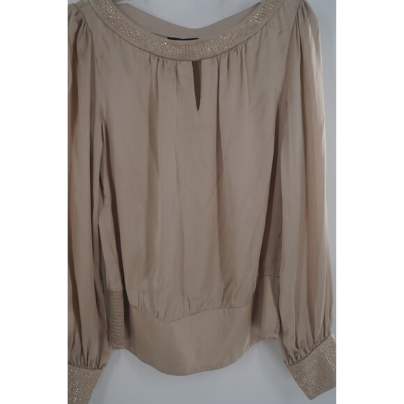 White House Black Market Beige Embellished Long Sleeve Keyhole silk Blouse Sz 6 - Picture 7 of 12